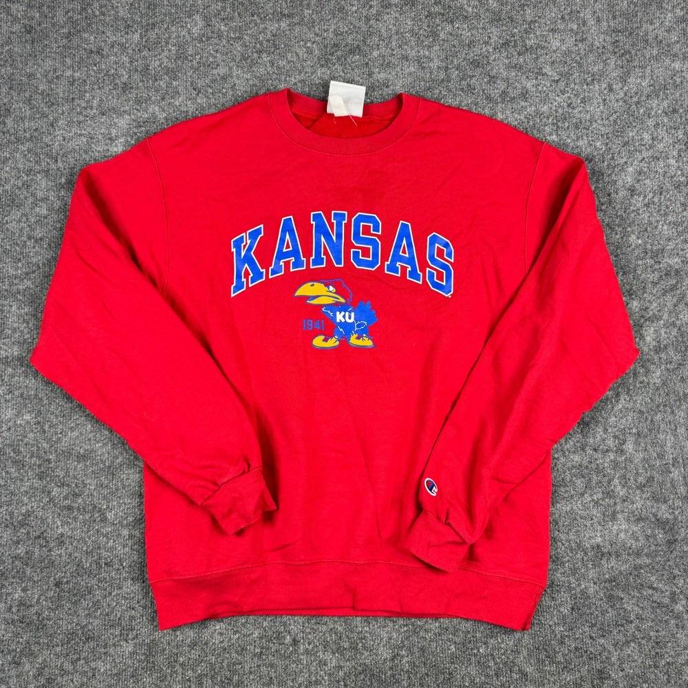 Champion Sweatshirt Mens Size L Red Kansas Jayhawks Graphic Pullover Crewneck